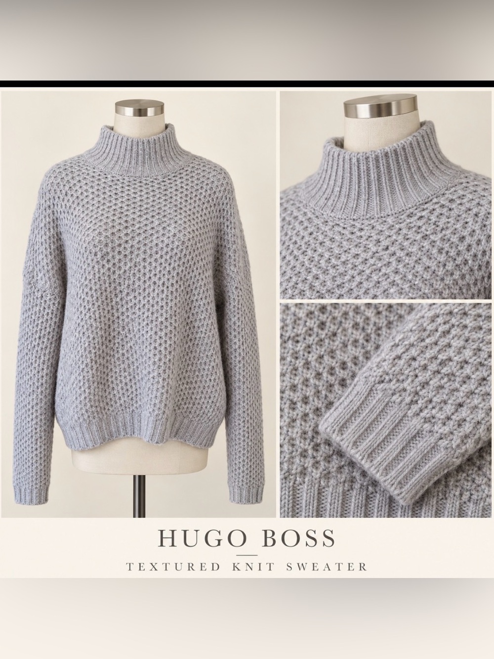 HUGO BOSS Light Gray Chunky Textured Mock Neck Sweater